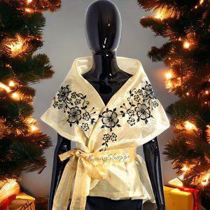 Beige-Modern Filipiniana Embroidered Wrap Around Alampay